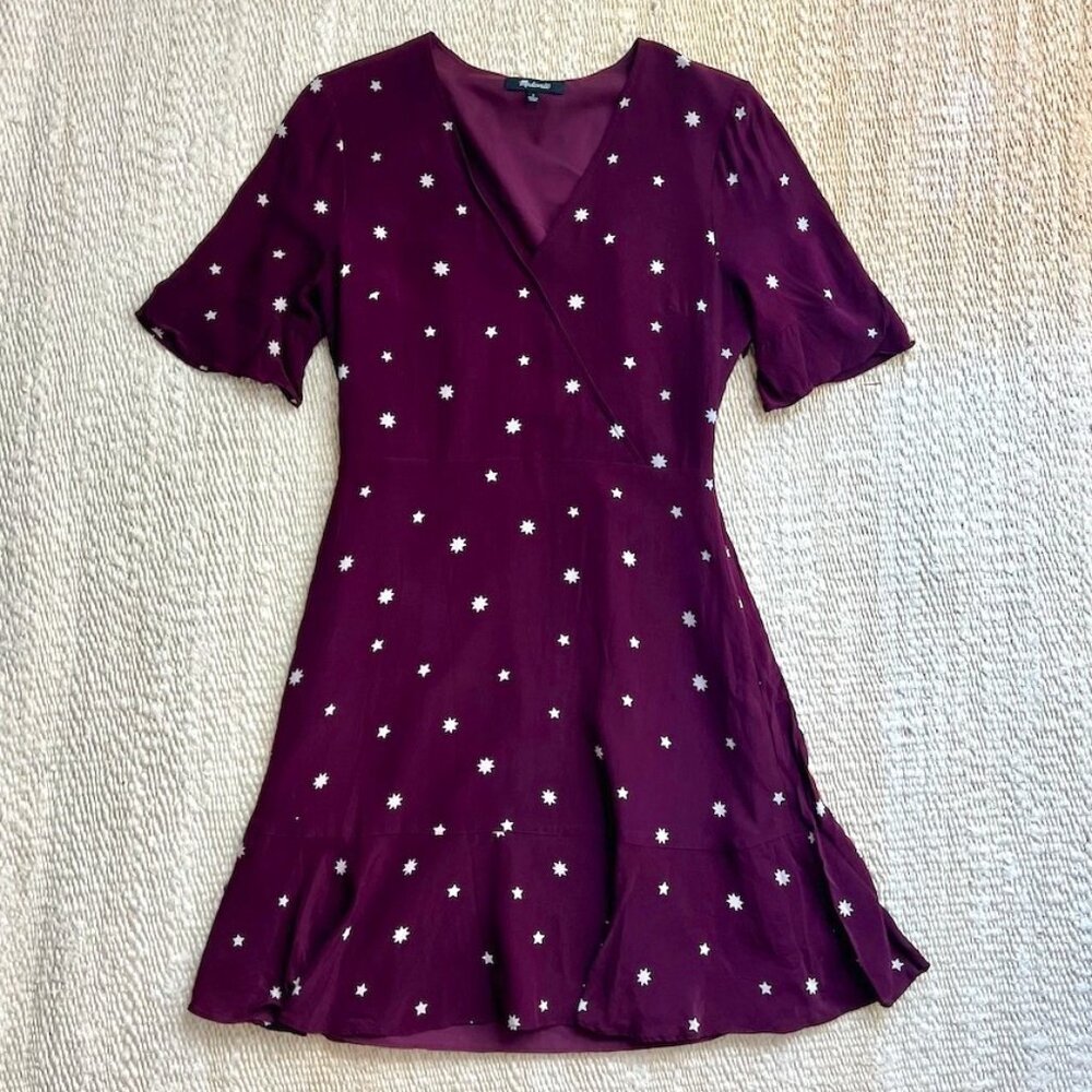 Madewell Silk Flutter Hem Dress (Burgundy, size 2)